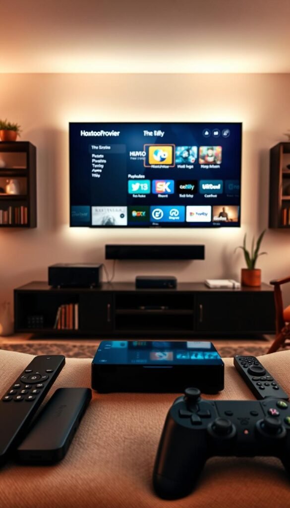 A cozy living room setup with a large flatscreen TV mounted on the wall, displaying the Hoxtoon Provider interface. The room is bathed in warm, soft lighting, creating a comfortable and inviting atmosphere. In the foreground, a sleek black streaming device is prominently placed, ready to access the Hoxtoon service. Various remote controls and a wireless gamepad are strategically arranged, suggesting seamless integration with multiple devices. The background features tasteful decor, such as bookshelves and indoor plants, adding to the overall sophistication of the scene. The image conveys the ease and convenience of setting up Hoxtoon on a variety of streaming platforms, ready to enjoy a vast selection of live TV channels and on-demand content. A cozy living room setup with a large flatscreen TV mounted on the wall, displaying the Hoxtoon Provider interface. The room is bathed in warm, soft lighting, creating a comfortable and inviting atmosphere. In the foreground, a sleek black streaming device is prominently placed, ready to access the Hoxtoon service. Various remote controls and a wireless gamepad are strategically arranged, suggesting seamless integration with multiple devices. The background features tasteful decor, such as bookshelves and indoor plants, adding to the overall sophistication of the scene. The image conveys the ease and convenience of setting up Hoxtoon on a variety of streaming platforms, ready to enjoy a vast selection of live TV channels and on-demand content.