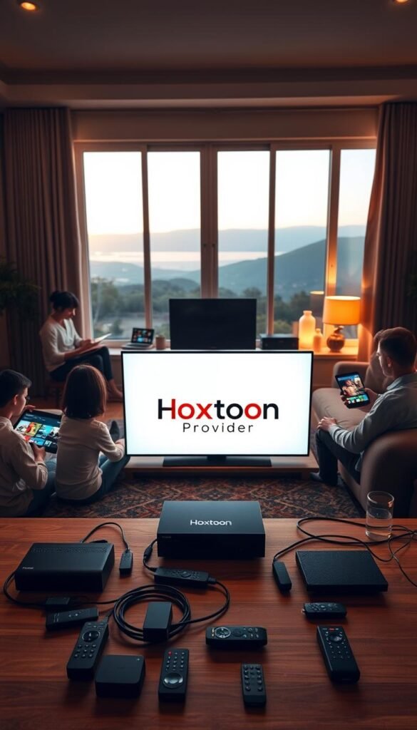 A cozy living room with a Hoxtoon Provider logo prominently displayed on a smart TV screen. In the foreground, a family gathers around the TV, streaming content on their laptops, tablets, and smartphones, all seamlessly connected through a robust home network. Warm lighting casts a soft glow, creating a inviting atmosphere. The middle ground features various streaming devices, cables, and remote controls, symbolizing the ease of multi-device connectivity. In the background, large windows offer a scenic view, hinting at the boundless entertainment possibilities enabled by Hoxtoon Provider's reliable IPTV service.
