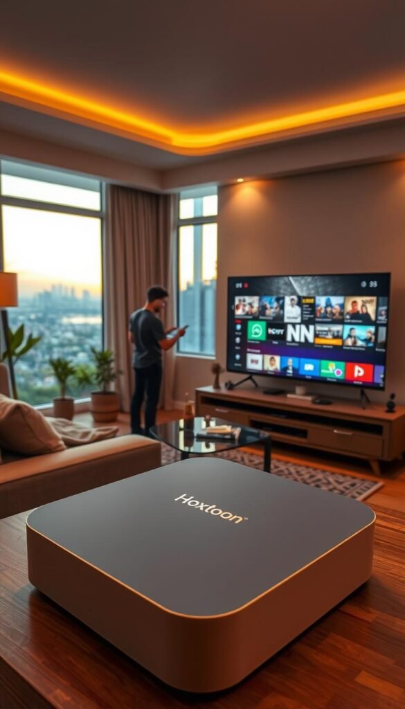 A cozy living room with a Mag Box IPTV system prominently displayed, showcasing the Hoxtoon Provider brand. The room is bathed in warm, ambient lighting, creating a welcoming atmosphere. In the foreground, a user interacts with the intuitive Hoxtoon interface on a large, high-definition TV screen, immersed in a diverse range of IPTV content. The middle ground features sleek, modern furniture and decor, while the background depicts a serene, urban cityscape visible through large windows, hinting at the seamless integration of the Hoxtoon IPTV experience with the user's everyday life.