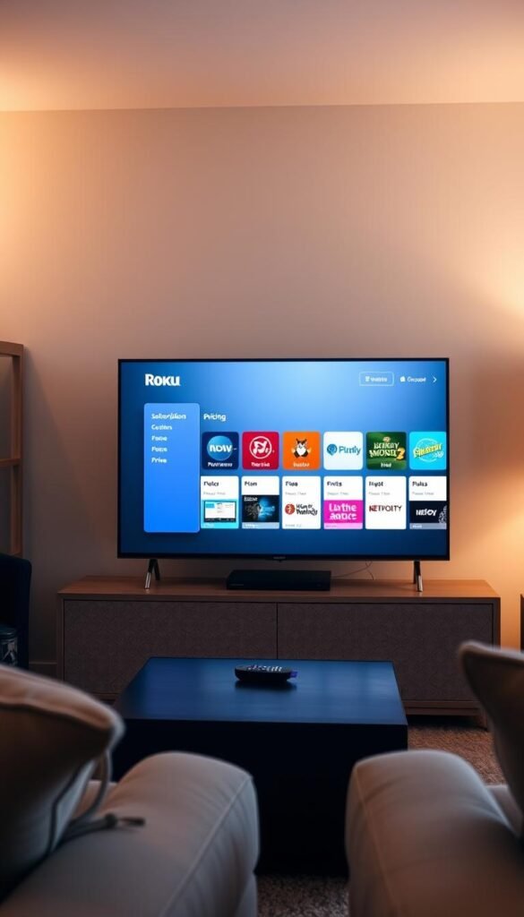 A cozy living room with a Roku TV at the center, displaying the Hoxtoon Provider IPTV service's user interface. The screen showcases a variety of subscription plans and pricing options, presented in a clean, modern design. Soft, warm lighting illuminates the scene, creating a welcoming atmosphere. The TV is surrounded by plush furniture, creating a comfortable and inviting space for the viewer to explore the IPTV service. The overall composition emphasizes the focus on the Roku TV and the Hoxtoon Provider IPTV service, conveying a sense of ease and accessibility.
