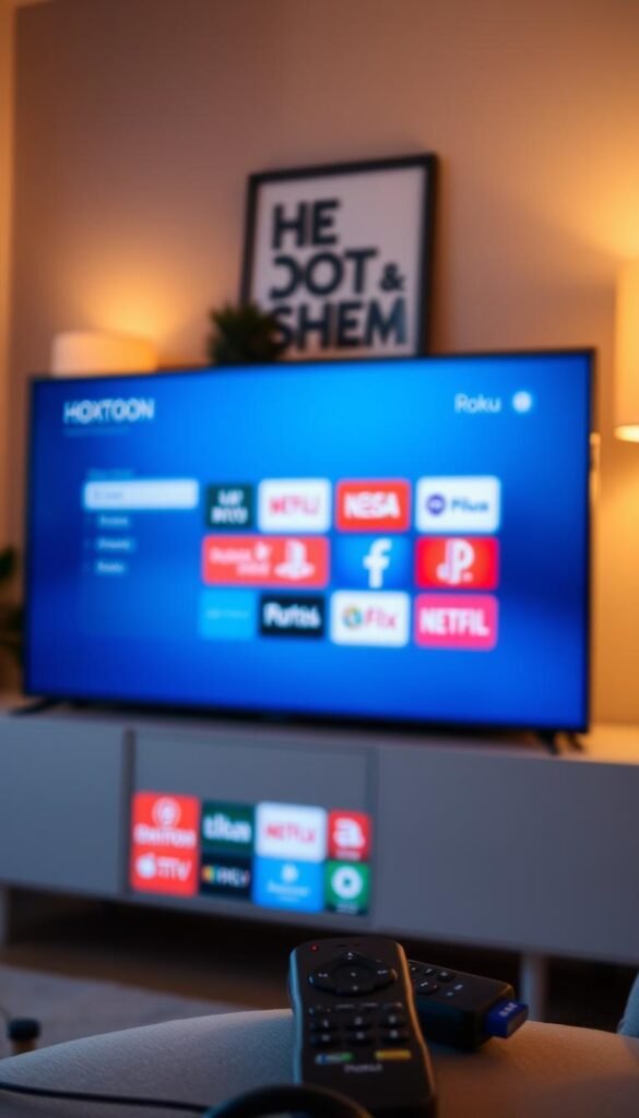 A cozy living room with a Roku TV prominently displayed, showcasing the HOXTOON IPTV provider's user interface. Soft, warm lighting illuminates the scene, creating a inviting atmosphere. The Roku remote is visible, hinting at the seamless integration between the device and the IPTV service. The background features subtle, blurred decor elements that complement the modern, minimalist aesthetic. The overall composition highlights the ease of setting up and accessing HOXTOON's extensive IPTV channels on the Roku TV platform.