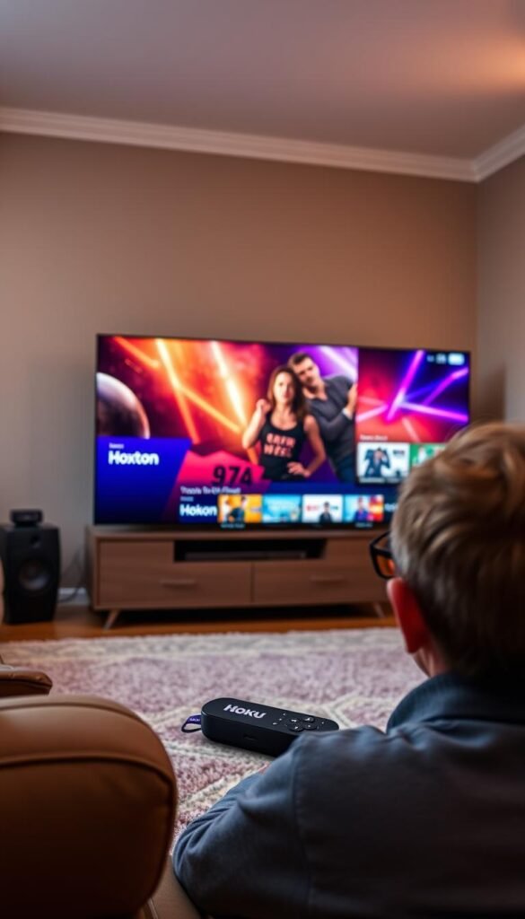 A cozy living room with a Roku device connected to a 4K TV, displaying a vibrant and immersive IPTV streaming interface. The room is softly lit, with a warm, inviting atmosphere. The Roku's interface prominently features the "Hoxtoon Provider" brand, showcasing their streaming content and services. The viewer is engrossed in the seamless, high-quality IPTV experience, highlighting the growing popularity of this cutting-edge technology.