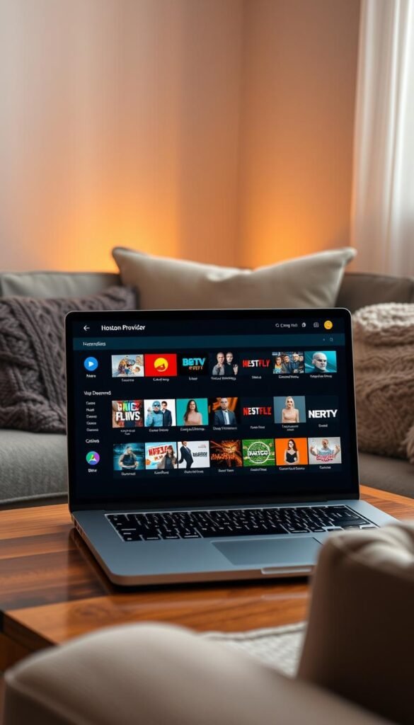 A cozy living room with a laptop open, displaying the Hoxtoon Provider's IPTV free trial subscription interface. The screen showcases a vast array of channels and on-demand content, inviting the viewer to explore the vast library. Soft, warm lighting illuminates the scene, creating a welcoming atmosphere. The laptop is placed on a wooden coffee table, surrounded by plush cushions and a knitted throw, suggesting a comfortable and relaxed setting. The overall composition emphasizes the ease and accessibility of the Hoxtoon Provider's IPTV free trial experience.