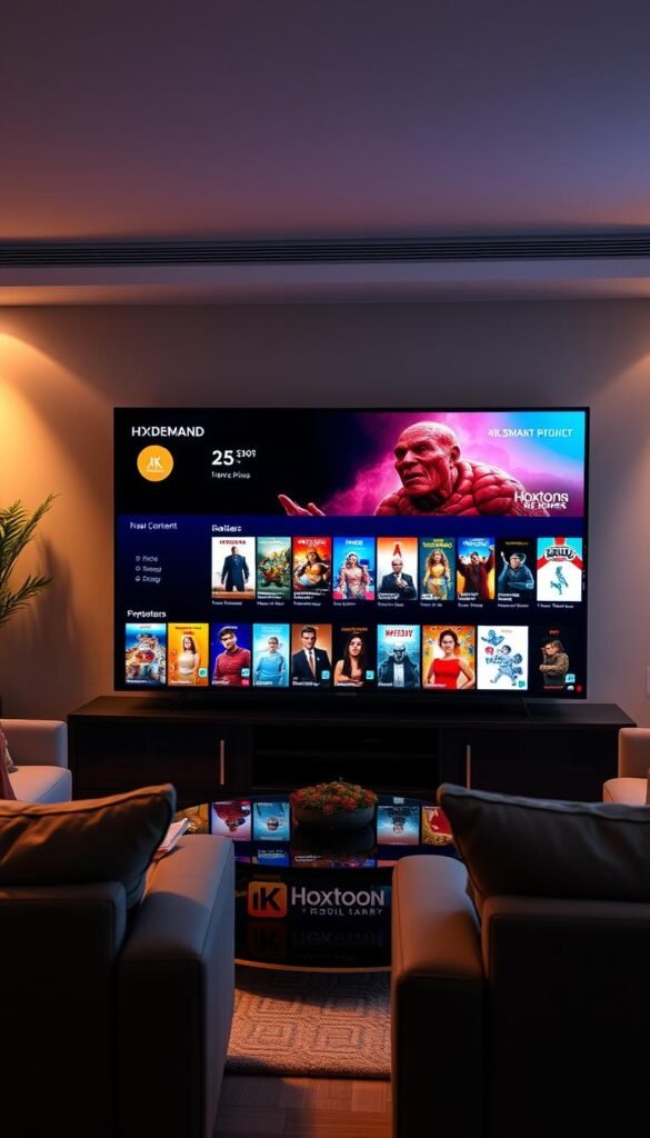 A cozy living room with a large 4K smart TV displaying a vibrant, on-demand content interface from the Hoxtoon Provider. Sleek, modern furniture and soft lighting create a welcoming atmosphere. The TV screen showcases a diverse collection of movie and TV show thumbnails, hinting at the vast 150,000+ VOD library available through the Hoxtoon IPTV service. The room is bathed in a warm, cinematic glow, inviting the viewer to settle in and explore the endless entertainment options at their fingertips.