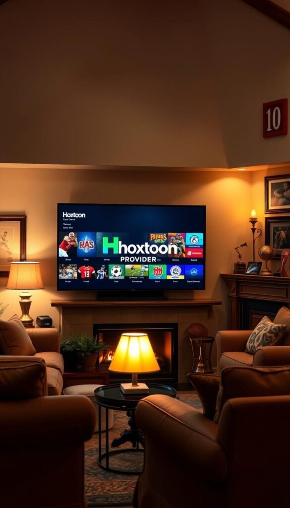 A cozy living room with a large TV screen displaying a variety of IPTV sports channels, including football, basketball, and soccer. The screen is surrounded by comfortable furniture, such as a plush sofa and armchair, creating a welcoming atmosphere for sports enthusiasts. Warm lighting from table lamps and a fireplace provide a soft, inviting glow, while the Hoxtoon Provider logo is prominently displayed on the TV screen, indicating the IPTV service being used. The room is decorated with sports memorabilia, including framed jerseys and trophies, further emphasizing the theme. The overall scene conveys the excitement and comfort of enjoying a wide range of live sports channels through the Hoxtoon IPTV service.