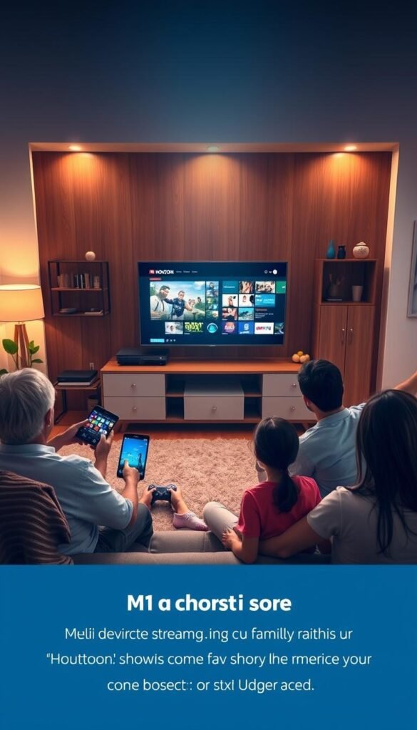 A cozy living room with a large TV screen prominently displayed, surrounded by various electronic devices such as smartphones, tablets, and gaming consoles. The room is bathed in warm, soft lighting, creating a welcoming and inviting atmosphere. In the foreground, a family is gathered, effortlessly switching between devices and seamlessly streaming content from the Hoxtoon Provider, their IPTV service of choice. The scene conveys the ease and convenience of multi-device streaming, allowing the family to enjoy their favorite shows, movies, and live content across their entire home.