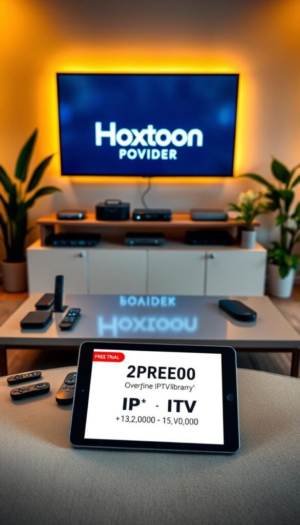 A cozy living room with a large TV screen prominently displaying the Hoxtoon Provider logo, surrounded by a variety of streaming devices and remote controls. Warm lighting casts a soft glow, creating an inviting atmosphere. In the foreground, a stylish coffee table displays a tablet showcasing a free IPTV trial with over 21,000 channels and 150,000 VODs. The background features lush houseplants and minimalist decor, complementing the modern and welcoming space. The image conveys the ease and accessibility of accessing a vast IPTV library with the Hoxtoon Provider free trial.