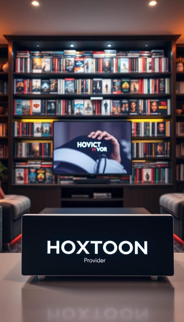 A cozy living room with a large entertainment center showcasing the impressive HOXTOON VOD Collection. The shelves are filled with thousands of movie and TV show titles, each spine meticulously organized. Soft, warm lighting illuminates the scene, creating a inviting ambiance. In the foreground, the HOXTOON Provider logo is prominently displayed on a sleek, modern device. The overall composition conveys a sense of abundant content and premium media entertainment available through the HOXTOON platform.