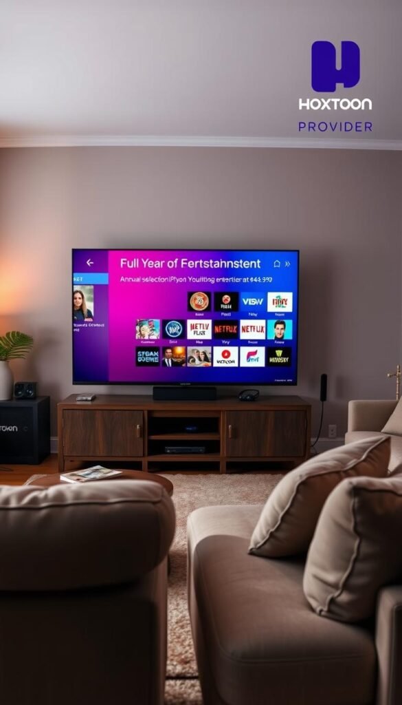 A cozy living room with a large flat-screen TV, showcasing the Hoxtoon Provider logo in the top-right corner. On the screen, a vibrant IPTV interface displays a curated selection of high-quality entertainment channels, reflecting the "Annual Subscription: Full Year of Entertainment at $43.99" offering. Soft lighting, plush furniture, and warm, inviting decor create a comfortable, homely atmosphere, conveying the affordability and accessibility of the Hoxtoon IPTV subscription.