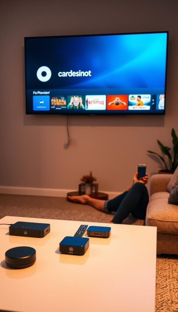 A cozy living room with a large flatscreen TV mounted on the wall, displaying the Hoxtoon Provider streaming service interface. The room is bathed in warm, soft lighting, creating a relaxing atmosphere. In the foreground, a modern, minimalist coffee table holds a remote control and a couple of streaming devices, ready for seamless multi-device connectivity. The middle ground features a comfortable sofa, where a person is enjoying the content, while their smartphone and tablet are nearby, illustrating the ease of switching between devices. The background showcases a stylish bookshelf and potted plants, adding depth and a sense of coziness to the scene.