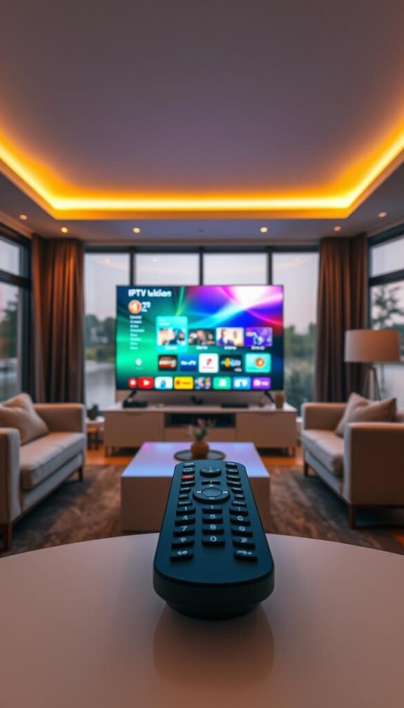 A cozy living room with a large, ultra-high-definition television screen displaying a vibrant, crystal-clear IPTV interface. The room is bathed in warm, soft lighting, creating a welcoming and immersive atmosphere. In the foreground, a modern, ergonomic remote control rests on a sleek, minimalist coffee table, symbolizing the ease of controlling the Hoxtoon Provider IPTV experience. The middle ground features a comfortable sofa and armchair, inviting viewers to sit back and enjoy the content. The background showcases large windows, offering a glimpse of a serene, suburban landscape, further enhancing the sense of relaxation and comfort.