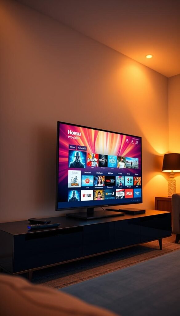 A cozy living room with a modern Roku TV streaming device prominently displayed on a sleek entertainment center. The screen shows a dynamic Hoxtoon Provider interface, bursting with a vast library of 150K+ on-demand videos. The room is illuminated by warm, ambient lighting, creating a comfortable and inviting atmosphere. The TV is angled slightly, suggesting an ergonomic viewing experience. The overall scene conveys a sense of technology seamlessly integrated into a stylish, modern home setting.