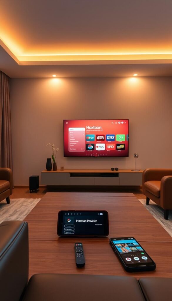 A cozy living room with a modern flatscreen TV displaying the Hoxtoon Provider interface, the latest IPTV service. Warm overhead lighting casts a gentle glow, while a comfortable leather sofa and matching armchair invite the viewer to relax and enjoy the streaming content. On a sleek wooden coffee table, a remote control and a smartphone with the Hoxtoon app open, showcasing the user-friendly experience. The room's decor features muted tones and minimalist design elements, creating a sophisticated and inviting atmosphere for a seamless IPTV experience.