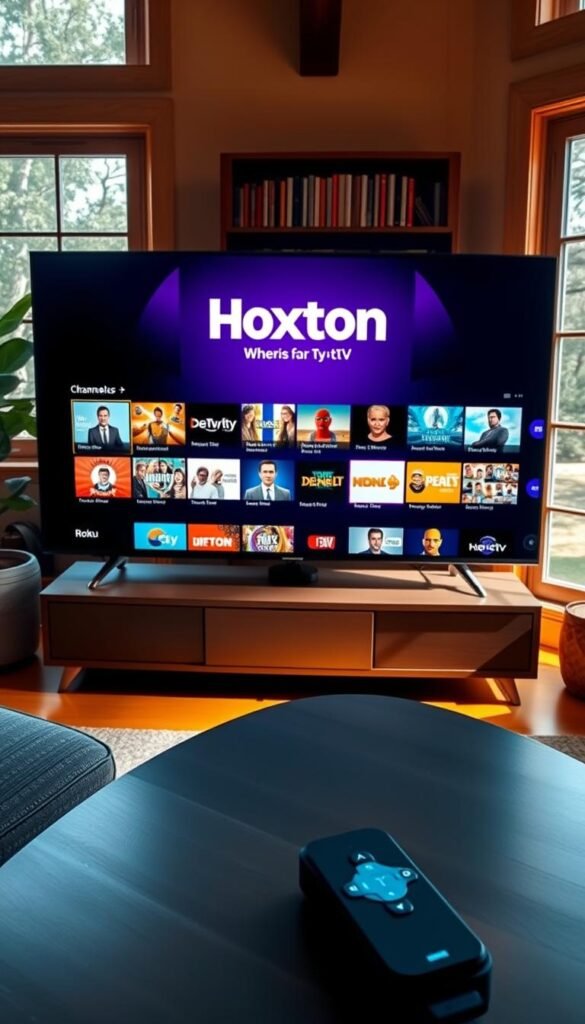 A cozy living room with a prominent Roku TV taking center stage. The screen displays a diverse array of IPTV channels from the Hoxtoon Provider, its logo prominently displayed. The room is illuminated by warm, natural lighting filtering through large windows, creating a inviting ambiance. On the TV stand, a stylish Roku remote control rests, hinting at the seamless user experience. In the background, a bookshelf filled with media and a potted plant add depth and character to the scene. The overall composition conveys a sense of entertainment, relaxation and the abundance of content available through the Hoxtoon IPTV service on Roku TV.