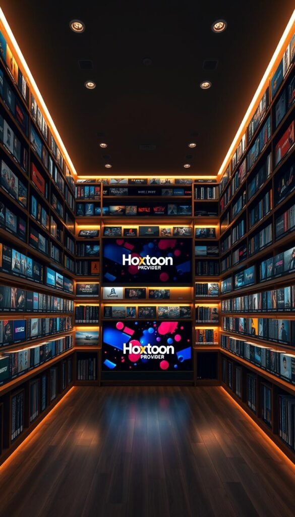 A cozy, well-lit interior of a modern media library, showcasing the extensive "Hoxtoon Provider" content collection. Sleek shelves line the walls, meticulously organized with a vast array of movie, TV, and live channel icons, representing the 21,000+ channels and 150,000+ VODs available. The space is bathed in a warm, inviting glow, with subtle directional lighting highlighting the diverse media categories. In the center, a large display screen showcases a vibrant, high-resolution visualization of the Hoxtoon Provider brand, complementing the high-quality content on offer. The overall atmosphere evokes a sense of discovery and entertainment, perfectly capturing the breadth and depth of the Hoxtoon Provider's comprehensive content library.