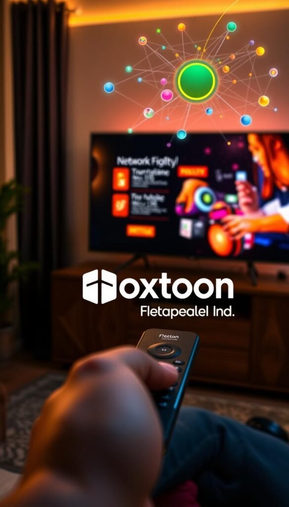 A cozy, well-lit room with a Firestick prominently displayed on a wooden entertainment center. Soft ambient lighting casts a warm glow, highlighting the device's sleek design. In the foreground, a hand holds a remote, poised to navigate the Firestick's interface. The background features a stylized visualization of network optimization, with colorful lines and shapes representing data flows and connections. The Hoxtoon Provider logo is subtly integrated into the scene, suggesting the integration of their IPTV service with the Firestick setup. The overall mood is one of productivity and technological harmony.