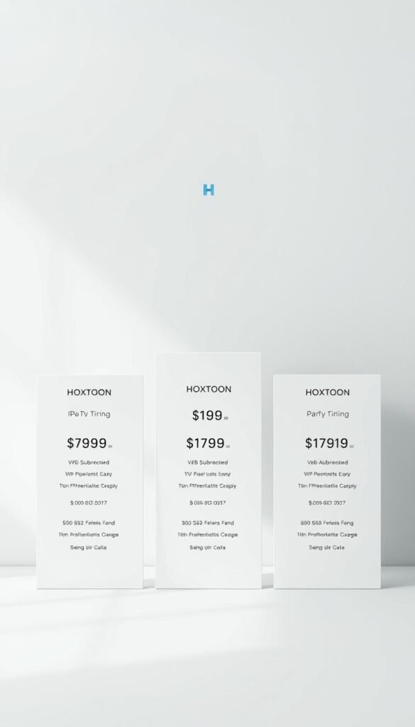 A crisp, clean-lined table showcasing the subscription plans offered by the Hoxtoon IPTV provider. The foreground features a minimalist layout with three plan tiers, each highlighted with sharp typography and clear pricing details. The middle ground subtly integrates the Hoxtoon logo, conveying the brand's identity. The background is a soft, neutral gradient that allows the plan information to take center stage, creating a sense of modern, professional elegance. The overall composition is balanced, with strategic use of whitespace to enhance readability and visual appeal. Subtle lighting from the top left casts a gentle, natural glow across the scene.