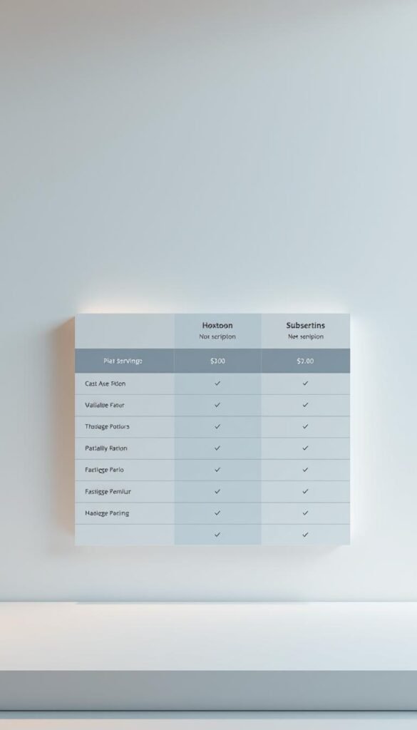 A crisp, elegant table displaying the Hoxtoon Provider IPTV subscription plans, set against a sleek, minimalist background. The table features clean lines, a neutral color palette, and clear pricing details for the various plan options. Warm lighting casts a soft glow, highlighting the high-quality, premium nature of the Hoxtoon service. The overall composition conveys a sense of professionalism, reliability, and value, making it an appealing visual representation of the article's subject matter.