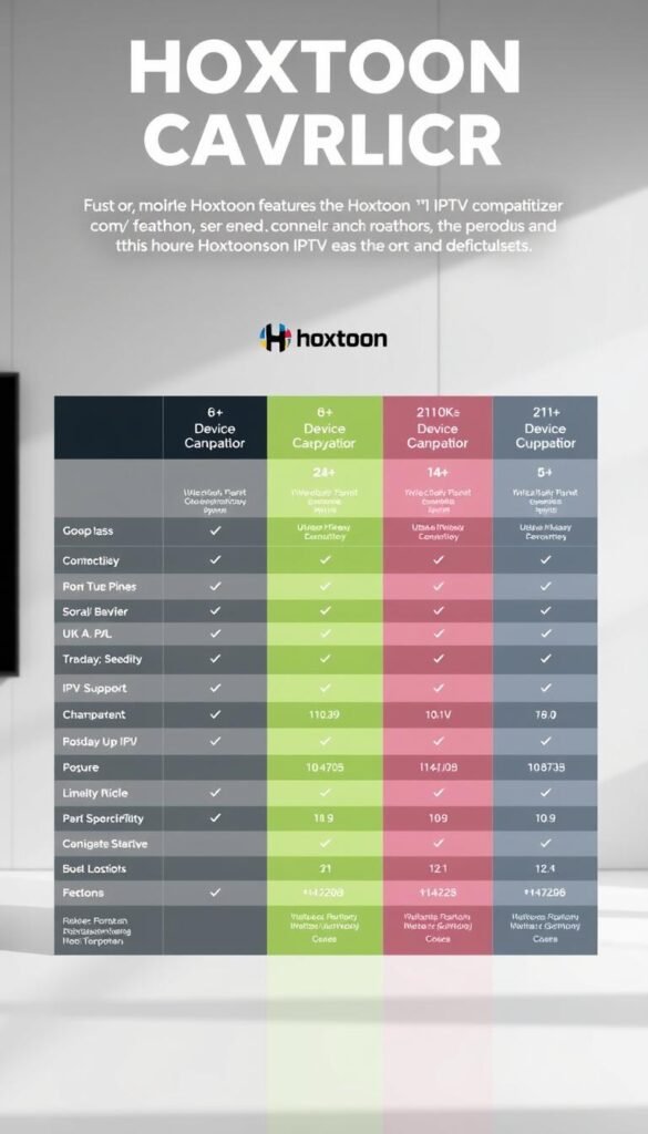 A crisp, high-definition comparison chart showcasing the features and offerings of the Hoxtoon Provider alongside those of other leading IPTV services. The chart is presented against a sleek, minimalist background, with clean typography and clear data visualization. Hoxtoon's branding is prominently displayed, highlighting its 6+ device support and 21K+ channel lineup. The chart contrasts the Hoxtoon Provider's capabilities with those of its competitors, allowing the viewer to easily assess the advantages it offers. Bright, balanced lighting and a shallow depth of field create a professional, polished aesthetic suitable for an informative article.