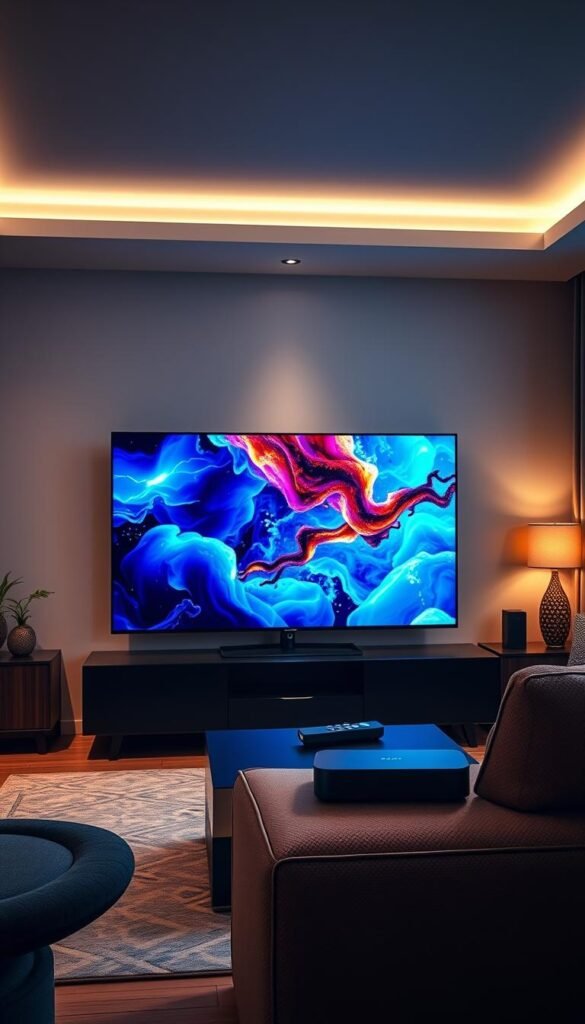 A crisp, high-definition image of a home entertainment setup showcasing a Hoxtoon Provider IPTV streaming service. The scene depicts a modern living room with a large flatscreen TV, sleek streaming device, and a comfortable sofa. The TV displays a vibrant, crystal-clear image with vivid colors and sharp details, conveying the premium quality of the IPTV experience. Soft, directional lighting accentuates the technology, creating a warm, inviting atmosphere. The overall composition emphasizes the ease and technical superiority of the Hoxtoon Provider IPTV solution, inspiring the viewer to elevate their home entertainment.