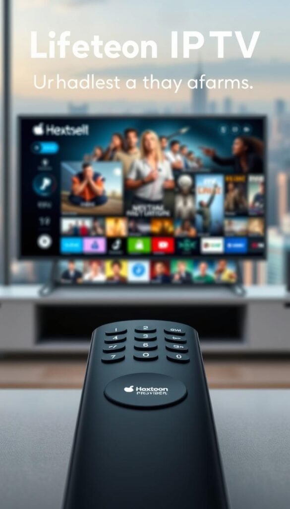 A crisp, high-resolution image of a lifetime IPTV subscription service, captured in a clean, modern aesthetic. In the foreground, a sleek, minimalist device or remote control, subtly displaying the "Hoxtoon Provider" logo. The middle ground features a dynamic, interactive display showcasing the breadth of content available, from live TV channels to on-demand movies and shows. The background is a soft, blurred cityscape, hinting at the global reach and accessibility of the service. The overall mood is one of professionalism, reliability, and a sense of the endless entertainment possibilities at the user's fingertips.