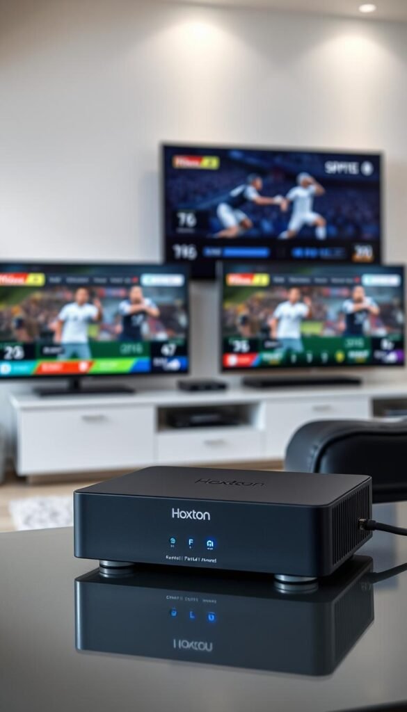 A crisp, high-resolution image of a modern IPTV streaming setup for sports. In the foreground, a sleek Hoxtoon Provider device sits prominently, its minimalist design and status lights indicating its connectivity. In the middle ground, multiple TV screens display live sports events, with dynamic visuals and player statistics overlays. The background features a clean, well-lit home entertainment space, with cable management and smart home integration suggesting a technologically advanced environment. The overall atmosphere conveys the convenience, flexibility, and high-quality experience of IPTV technology for sports enthusiasts.
