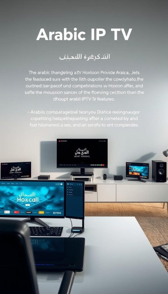 A crisp, modern comparison of Arabic IPTV services, featuring the Hoxtoon Provider prominently in the foreground. The scene depicts a sleek, minimalist workspace with various devices and screens showcasing Hoxtoon's features alongside competitors. The lighting is soft and diffused, creating a professional, authoritative atmosphere. The composition emphasizes the ease of use and comprehensive offering of the Hoxtoon Provider, inviting the viewer to explore its advantages over alternative IPTV services. The overall mood is one of confident, informed decision-making.