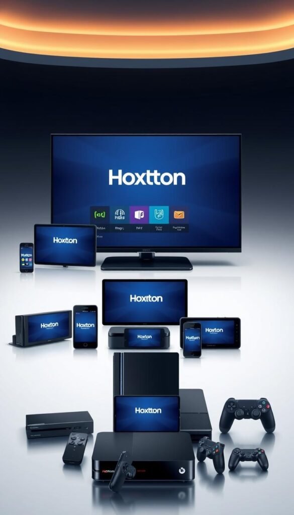 A crisp, modern illustration showcasing the multi-device support of the Hoxtoon Provider IPTV service. In the foreground, a lineup of diverse electronic devices - smart TVs, tablets, smartphones, and gaming consoles - all displaying the Hoxtoon logo and interface. The devices are arranged in a dynamic, overlapping composition, conveying the seamless cross-platform experience. The middle ground features a clean, minimalist backdrop with subtle gradients, focusing attention on the devices. Soft, indirect lighting casts a warm, inviting glow, creating a sense of high-tech sophistication. The overall mood is sleek, premium, and user-friendly, reflecting the Hoxtoon brand's commitment to cutting-edge technology and accessibility.