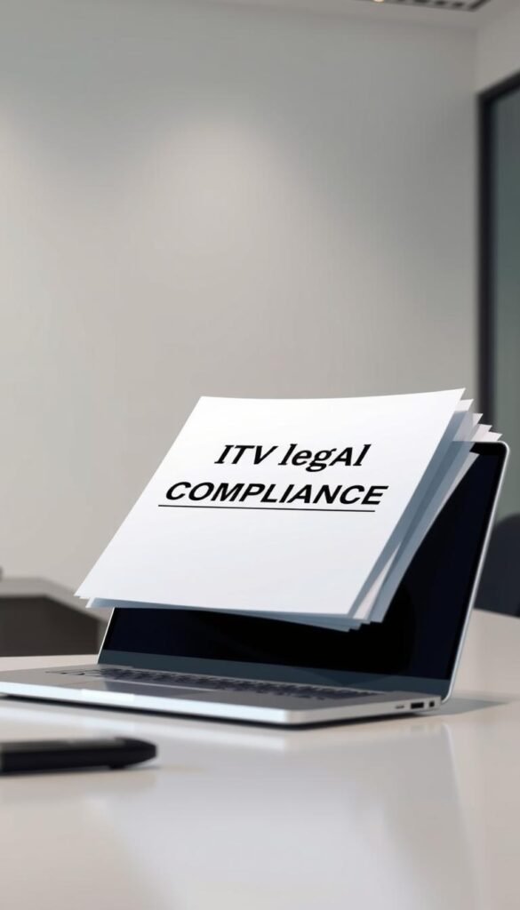 A crisp, professionally-lit image of a stack of legal documents and a laptop, symbolizing the legal compliance of the Hoxtoon Provider IPTV service. The documents have a "IPTV Legal Compliance" heading, with the Hoxtoon Provider logo visible on the laptop screen. The scene is set in a modern, minimalist office environment, with clean lines, neutral colors, and soft, even lighting that conveys a sense of authority and trustworthiness. The overall mood is one of diligence, transparency, and adherence to regulations, reflecting Hoxtoon Provider's commitment to providing a legally compliant IPTV service.