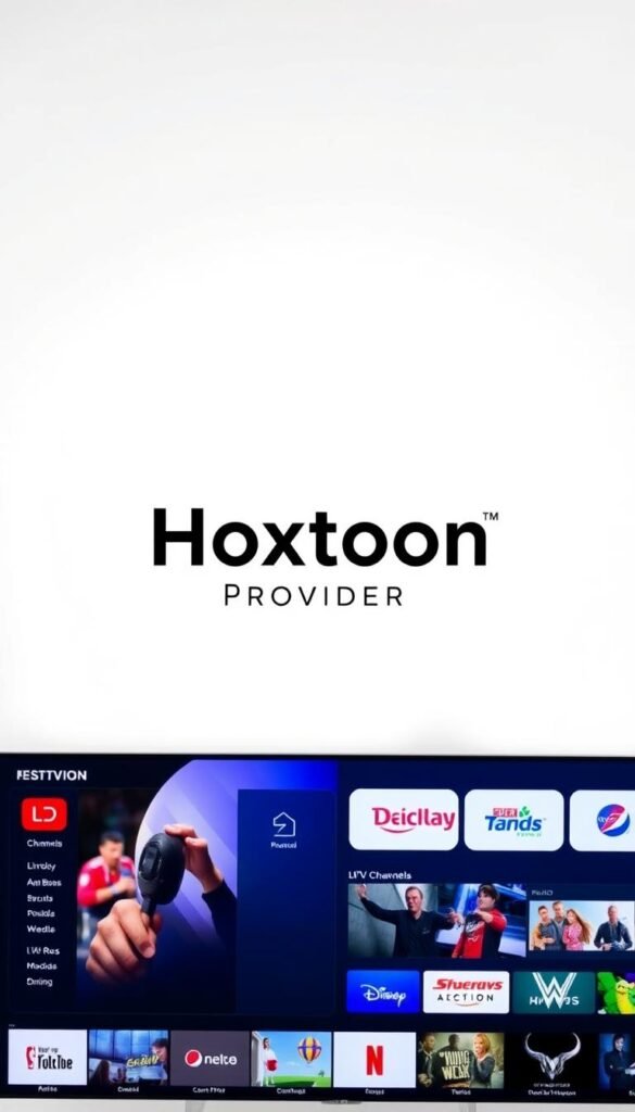 A crisp, well-lit image of a modern and sleek IPTV service interface. In the center, prominently displayed, is the "Hoxtoon Provider" brand name, conveying a sense of trust and reliability. The interface features a clean, intuitive layout with easy-to-navigate menus and a wide selection of live TV channels, on-demand content, and other premium features. The background is a soft, neutral tone, allowing the interface to take center stage. The overall composition exudes a professional, high-quality aesthetic, reflecting the leading position of Hoxtoon among IPTV service providers in the USA.