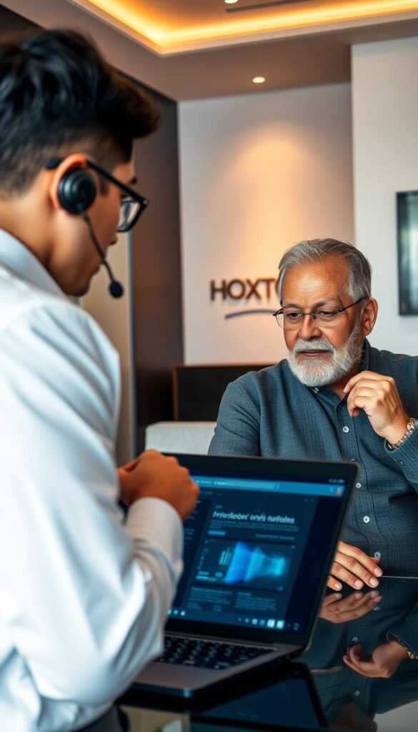 A customer service representative assisting an IPTV subscriber in a modern, well-lit office. The foreground features the customer service agent, dressed professionally, patiently explaining technical details on a laptop screen. The middle ground shows the IPTV subscriber, an older Latino individual, nodding attentively. The background depicts the Hoxtoon Provider branding, with sleek, minimalist decor suggesting a premium service. Warm, natural lighting creates a welcoming atmosphere, conveying a sense of competent and personalized technical support.