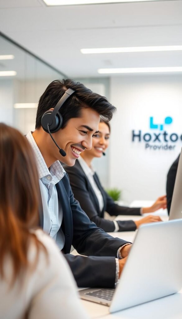A customer service representative in a modern office setting, providing friendly and attentive assistance to a Hoxtoon Provider client. The scene depicts a well-lit workspace with a sleek, minimalist aesthetic. The agent, dressed in professional attire, is leaning forward with a warm smile, engaged in a productive dialogue. The background features the Hoxtoon Provider logo prominently displayed, conveying a sense of trust and reliability. The overall atmosphere is one of efficient, courteous service, reflecting the high standards of the Hoxtoon Provider brand.