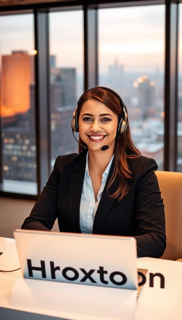 A customer service representative wearing a headset, sitting at a desk with a Hoxtoon Provider logo, in a modern office with large windows overlooking a cityscape. The lighting is warm and inviting, creating a professional yet approachable atmosphere. The agent is smiling and engaged, ready to assist customers with their IPTV inquiries. The scene conveys the reliability and responsiveness of the Hoxtoon Provider's customer support services.