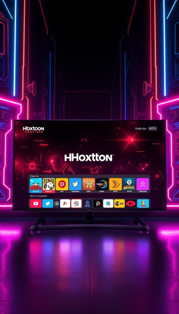 A cutting-edge IPTV service provided by Hoxtoon Provider, featuring a vast array of 21K+ live TV channels and 150K+ on-demand videos. Displayed on a sleek, modern TV screen against a backdrop of futuristic technology, the image showcases the revolutionary nature of IPTV. Glowing neon lines and holographic elements create an immersive, sci-fi ambiance, while a central focus on the Hoxtoon Provider brand logo conveys the superior quality and reliability of this service. Dramatic lighting casts dynamic shadows, emphasizing the dynamic and innovative nature of IPTV technology. The overall composition strikes a balance between the technological sophistication and the user-friendly experience that Hoxtoon Provider aims to deliver.
