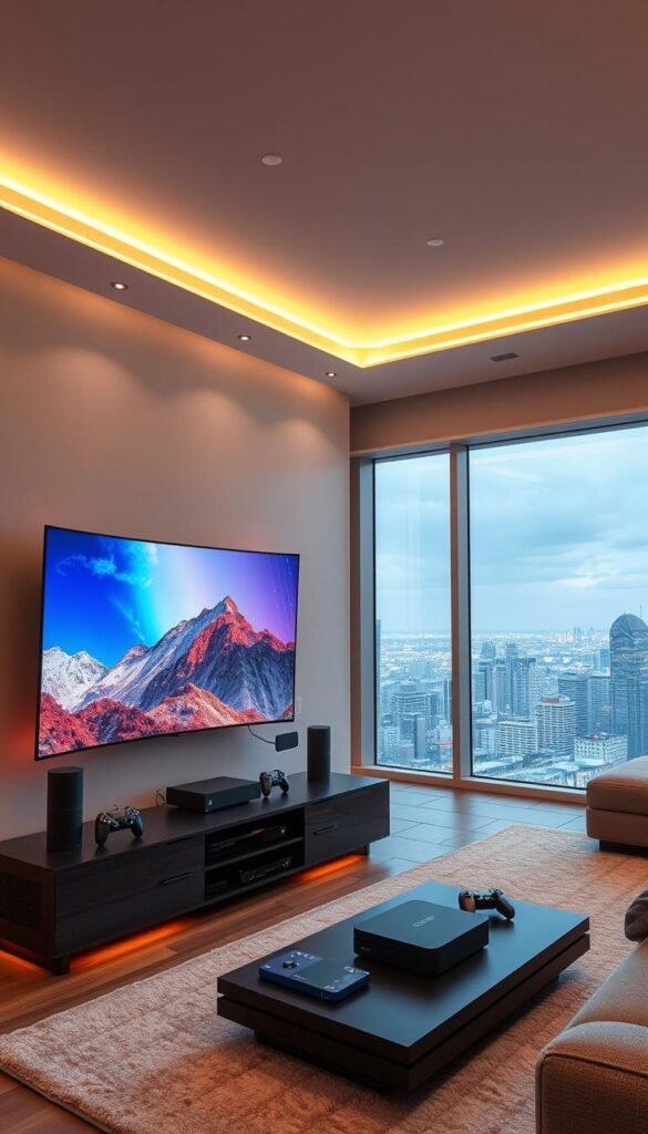 A cutting-edge home entertainment setup in a modern, minimalist living room. A large, curved OLED TV displays vibrant, high-resolution imagery. Futuristic voice-controlled smart home devices like a Hoxtoon Provider hub blend seamlessly into the decor. Adjustable LED lighting bathes the room in a warm, ambient glow. The latest generation of wireless gaming consoles and streaming boxes sit neatly organized on a sleek media console. A panoramic window offers a stunning cityscape view, creating a sense of technological advancement and connectivity.