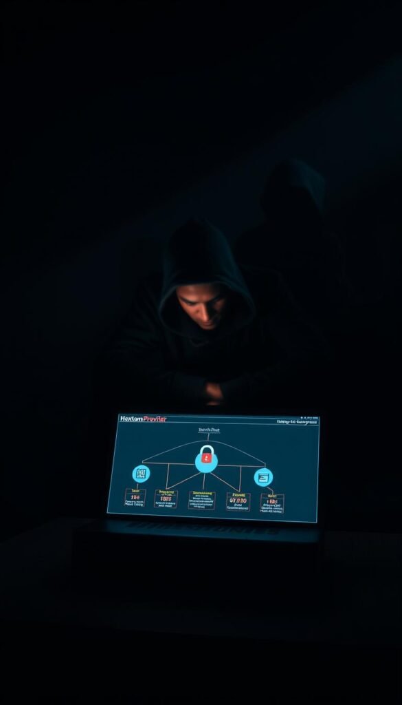 A dark, moody scene depicting the security challenges of IPTV streaming. In the foreground, a Hoxtoon Provider IPTV set-top box sits prominently, its screen displaying a network topology diagram with security risks highlighted. In the middle ground, a person hunched over a laptop, their face illuminated by the screen's glow, symbolizing the constant vigilance required to safeguard IPTV systems. In the background, a shadowy figure representing the looming threat of hackers and cyber attacks. Dramatic chiaroscuro lighting casts dramatic shadows, enhancing the sense of tension and unease. The overall atmosphere conveys the vital importance of robust security measures for IPTV platforms.