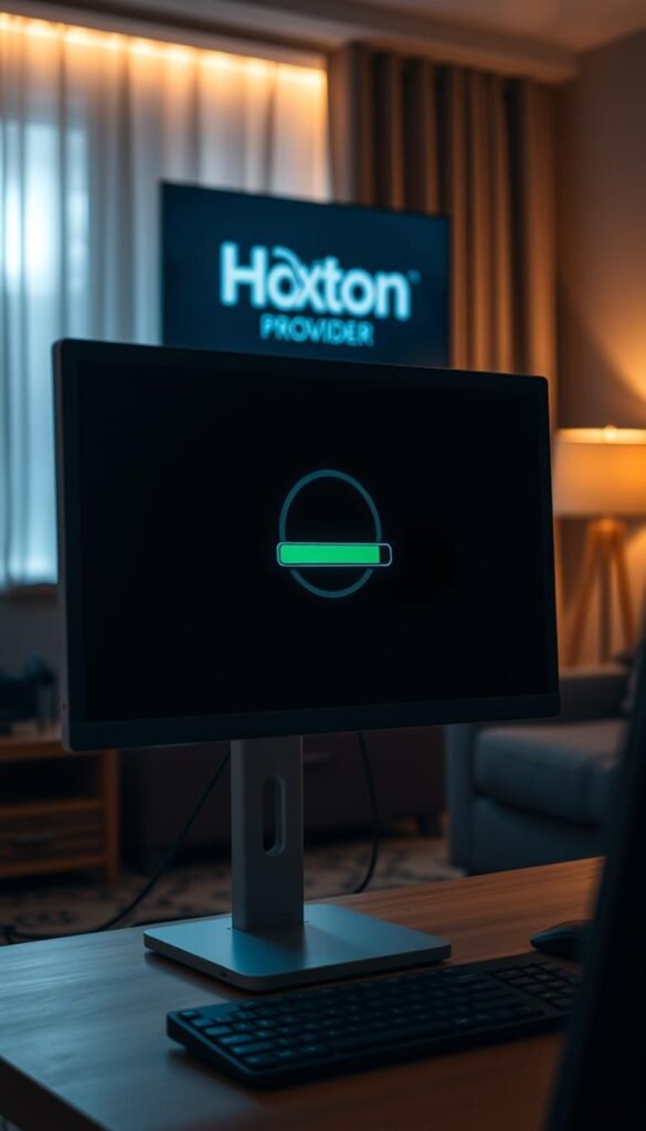 A desktop computer screen displaying a spinning buffering icon, indicating IPTV playback interruption. The screen is surrounded by a dimly lit, slightly blurred living room environment, with a Hoxtoon Provider logo subtly visible in the background. The lighting is soft and warm, creating a sense of frustration and inconvenience. The camera angle is slightly elevated, giving an overview of the scene. The overall composition conveys the common issue of IPTV buffering problems that users may experience, with the Hoxtoon Provider branding hinting at a reliable, buffering-free alternative.