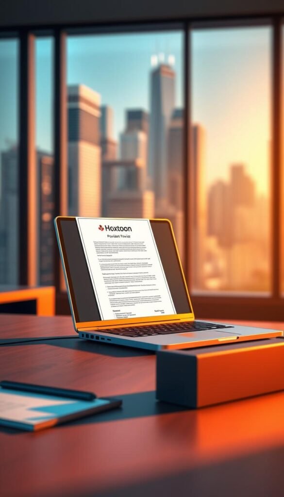 A detailed 3D illustration of a modern office desk, featuring a laptop computer, a legal document, and a "Hoxtoon Provider" logo. The desk is bathed in warm, directional lighting, casting subtle shadows and highlights. In the background, a blurred cityscape of skyscrapers is visible through a large window, conveying a sense of professionalism and legality. The overall mood is one of thoughtful consideration, as the viewer is invited to contemplate the legal implications and content access associated with IPTV services.