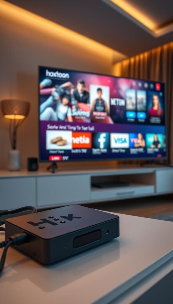 A detailed 4K IPTV setup with a Hoxtoon Provider streaming device on a modern, minimalist entertainment unit. The device is situated prominently, with clean cables and a sleek remote control in the foreground. The middle ground showcases various media streaming apps and services on a high-resolution display. The background features a dimly lit, cozy living room with warm, indirect lighting, creating a relaxed and immersive viewing experience.