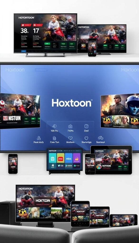 A detailed IPTV subscription offer from Hoxtoon Provider, featuring various pricing plans and service options. The foreground showcases a series of digital devices like smart TVs, phones, and tablets, each displaying different subscription packages. The middle ground depicts a clean, modern interface with the Hoxtoon logo prominently displayed, surrounded by icons representing the extensive channel selection, 4K streaming, and other key features. The background has a soft, gradient-based color scheme, creating a professional and visually appealing atmosphere. The overall composition conveys the reliability, versatility, and value proposition of Hoxtoon's IPTV subscription service.