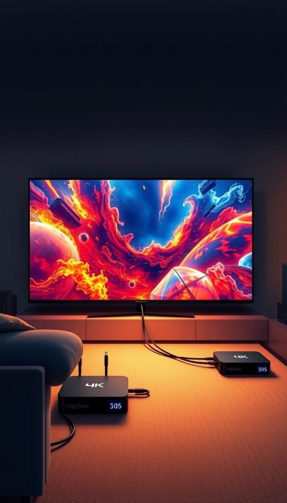 A detailed and technologically advanced illustration of the Hoxtoon Provider IPTV streaming service, showcasing its high-quality video and audio capabilities. The scene depicts a living room setup with a large, 4K smart TV displaying vibrant, crystal-clear video with minimal compression artifacts or motion blur. The TV is surrounded by various streaming devices, including a Mag box, connected via high-speed internet cables. The lighting is soft and indirect, creating a warm, immersive atmosphere that enhances the viewing experience. The overall composition emphasizes the technical prowess and reliability of the Hoxtoon IPTV platform, conveying a sense of cutting-edge technology and premium entertainment.