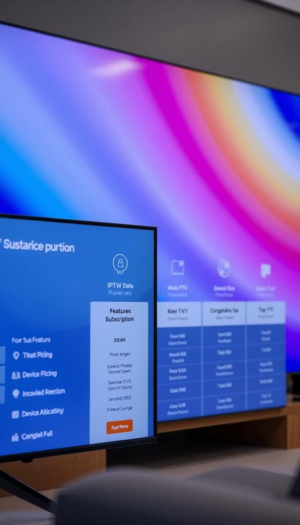 A detailed and visually appealing image of IPTV subscription plans offered by the Hoxtoon Provider. In the foreground, a clean and modern interface showcases various plan options with clearly delineated features, pricing, and device compatibility. The middle ground features stylized icons and infographics highlighting key plan details. The background has a soft, blurred gradient in complementary colors, creating a professional and premium atmosphere. The lighting is soft and even, with a slight directional highlight to add depth and dimension. The camera angle is slightly elevated, giving an overview of the complete plan offerings. The overall mood is one of clarity, accessibility, and the high-quality service of the Hoxtoon Provider.