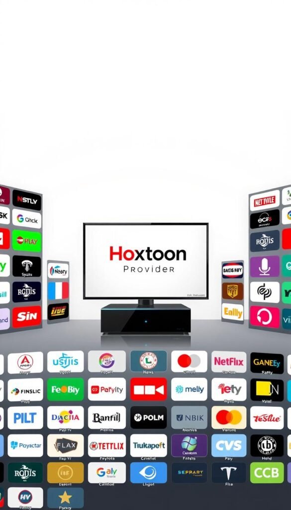 A detailed and visually striking illustration of the Hoxtoon Provider IPTV channel lineup. In the foreground, a grid of channel icons representing the extensive selection of sports, news, movies, and entertainment options. The middle ground features a sleek, modern interface with the Hoxtoon Provider logo prominently displayed. The background is a subtle, gradient-based design, creating a sense of depth and sophistication. The overall composition conveys the comprehensive nature of the Hoxtoon IPTV service, with a clean, professional aesthetic that aligns with the subject matter.
