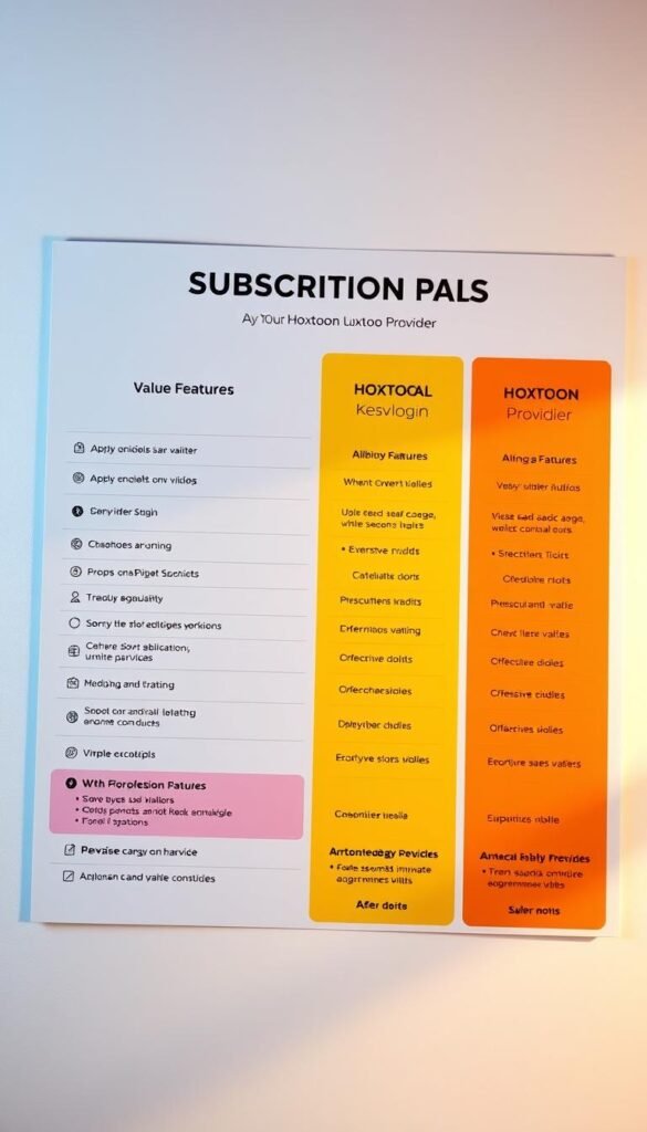 A detailed and visually striking image of the "HOXTOON Subscription Plans" showcasing the different packages and their respective features. The image should have a clean, modern aesthetic with a focus on bold typography, vibrant colors, and intuitive icons that clearly communicate the value proposition of each plan. The Hoxtoon Provider brand name should be prominently displayed, conveying a sense of trust and reliability. The overall composition should be well-balanced, drawing the viewer's attention to the key information while maintaining a harmonious and visually appealing layout. The lighting should be soft and diffused, creating a warm and inviting atmosphere that complements the professional and trustworthy nature of the Hoxtoon brand.