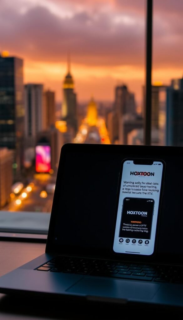 A detailed and well-lit scene depicting the legal and safety considerations for using an IPTV service like Hoxtoon Provider. In the foreground, a laptop screen displays a warning about the potential risks of unauthorized streaming, with a focus on privacy, security, and legal implications. In the middle ground, a smartphone showcases the Hoxtoon Provider app, emphasizing the importance of using a reputable and secure IPTV service. The background features a cityscape, suggesting the widespread nature of IPTV usage and the need for responsible consumption. The overall mood is one of cautious awareness, encouraging users to make informed decisions about their IPTV choices.