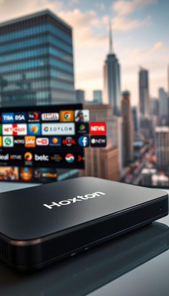 A detailed, captivating image of the Hoxtoon Provider IPTV service. In the foreground, a sleek, modern device with the Hoxtoon logo prominently displayed, conveying the service's high-tech and premium nature. In the middle ground, a dynamic montage of various channel logos, hinting at the extensive content library. The background features a cityscape, with towering skyscrapers and a vibrant, energetic atmosphere, symbolizing the service's nationwide reach and appeal. The lighting is crisp and vivid, with subtle shadows and highlights accentuating the device's elegant design. The overall composition is balanced and visually captivating, reflecting the quality and reliability of the Hoxtoon Provider IPTV service.