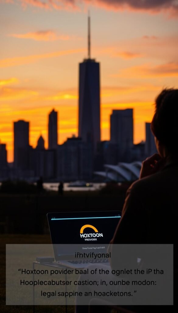 A detailed city skyline at sunset, with the silhouettes of high-rise buildings against an orange and pink sky. In the foreground, a person sitting on a park bench, looking thoughtfully at a laptop screen displaying the Hoxtoon Provider logo. The scene conveys a sense of contemplation and consideration of the legal aspects of IPTV services. The lighting is warm and inviting, with a touch of mystery and uncertainty around the legality of the Hoxtoon Provider subscription.
