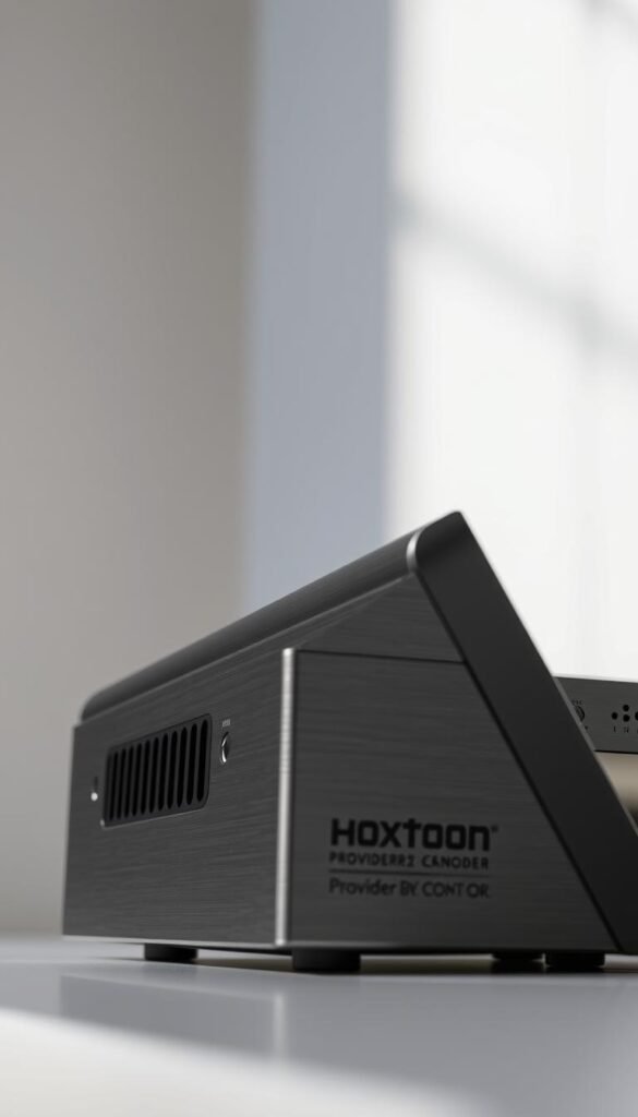A detailed close-up view of the Hoxtoon Provider IPTV encoder, showcased against a clean, minimalist backdrop. The device is positioned at a slight angle, highlighting its sleek, modern design with a brushed metal finish. The lighting is soft and diffused, creating subtle shadows that accentuate the encoder's contours and textures. The scene conveys a sense of professionalism and technical precision, reflecting the high-quality performance of the Hoxtoon IPTV system.