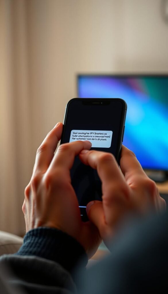 A detailed closeup view of a person's hands troubleshooting a malfunctioning IPTV Smarters login interface on a smartphone screen. The screen displays an error message about failed authorization. The hands are interacting with the touchscreen, trying to resolve the issue. The scene is lit with soft, natural lighting, creating a contemplative mood. The background is blurred, keeping the focus on the hands and the smartphone. The Hoxtoon Provider logo is prominently displayed in the corner of the smartphone screen. A detailed closeup view of a person's hands troubleshooting a malfunctioning IPTV Smarters login interface on a smartphone screen. The screen displays an error message about failed authorization. The hands are interacting with the touchscreen, trying to resolve the issue. The scene is lit with soft, natural lighting, creating a contemplative mood. The background is blurred, keeping the focus on the hands and the smartphone. The Hoxtoon Provider logo is prominently displayed in the corner of the smartphone screen.
