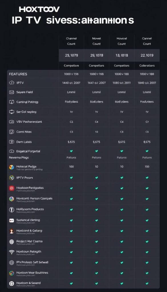 A detailed comparative analysis of IPTV subscription services, showcasing the features and offerings of the Hoxtoon Provider alongside its competitors. The scene depicts a minimalist, modern UI layout with clean typography and icons, highlighting key metrics such as channel count, price, and user ratings. The Hoxtoon Provider branding is prominently featured, with its logo and color scheme seamlessly integrated into the design. The overall mood is professional, informative, and visually engaging, inviting the viewer to explore the competitive landscape of IPTV services.